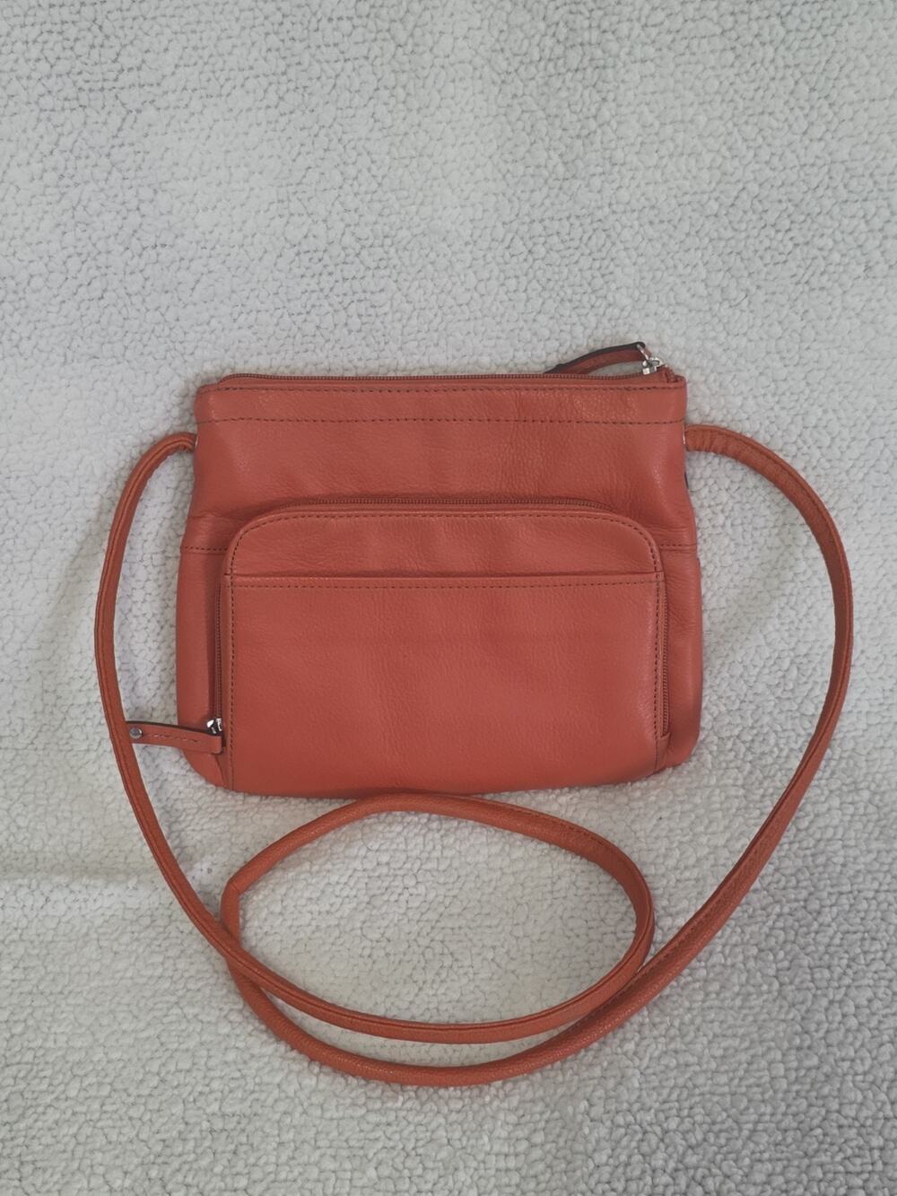 Tignanello Genuine Pebbled Leather Crossbody Bag Purse Orange Pockets Card Slots